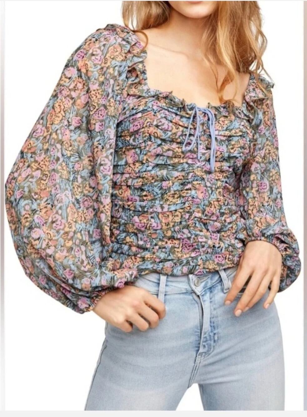 Free People Mabel Printed Volume Sleeve Blouse Size: S